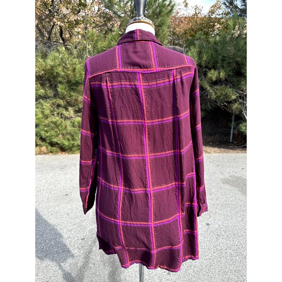 Old Navy Womens Medium Burgundy Dress Plaid Long Sleeve Tunic  Buttons Gold - Picture 2 of 10